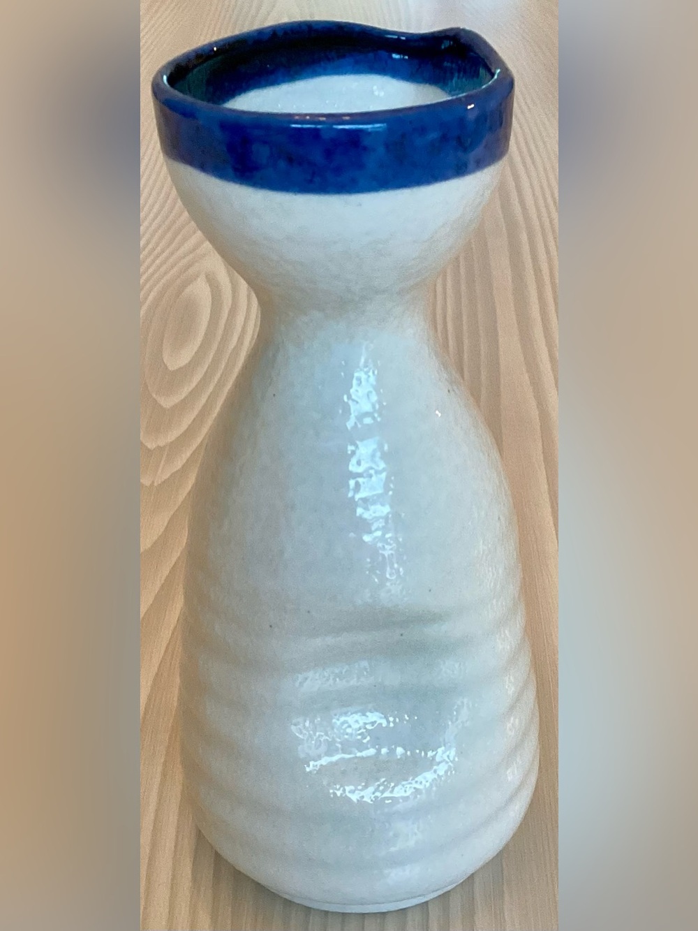 Pier 1 Imports Blue Rim White Ribbed Ceramic Sake Bottle Carafe Tokkuri Vase